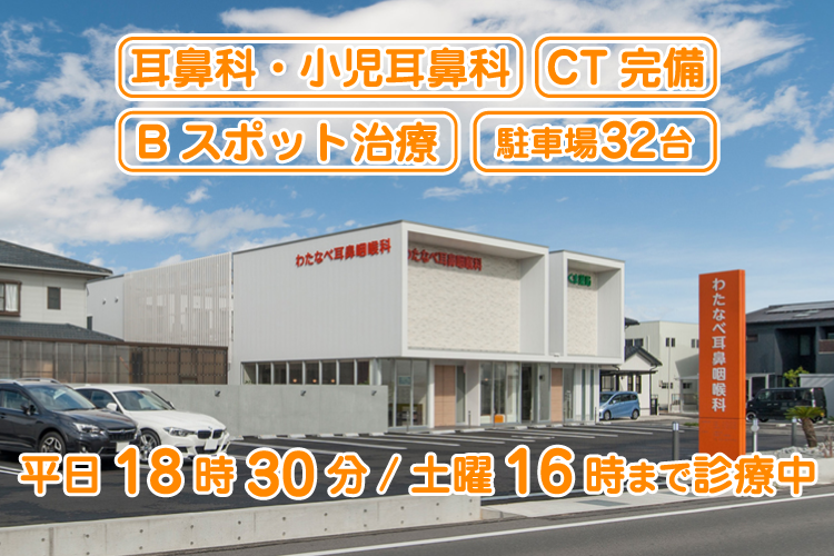 わたなべ耳鼻科は「耳鼻科・小児耳鼻科」「CT完備」「Bスポット治療」「駐車場32台」平日19時、土曜17時まで診療中です